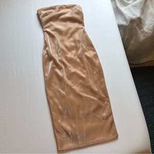 HOUSE OF CB tan nude pink strapless satin shiny bodycon midi dress